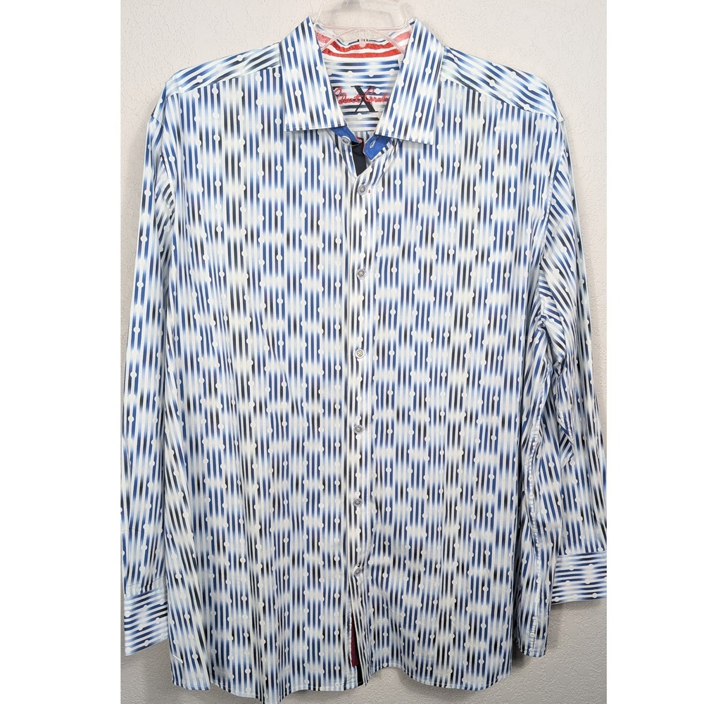 Robert Graham X Button Down‎ Shirt Men 2XL Blue Geometric Stripe Stretch - Picture 2 of 9